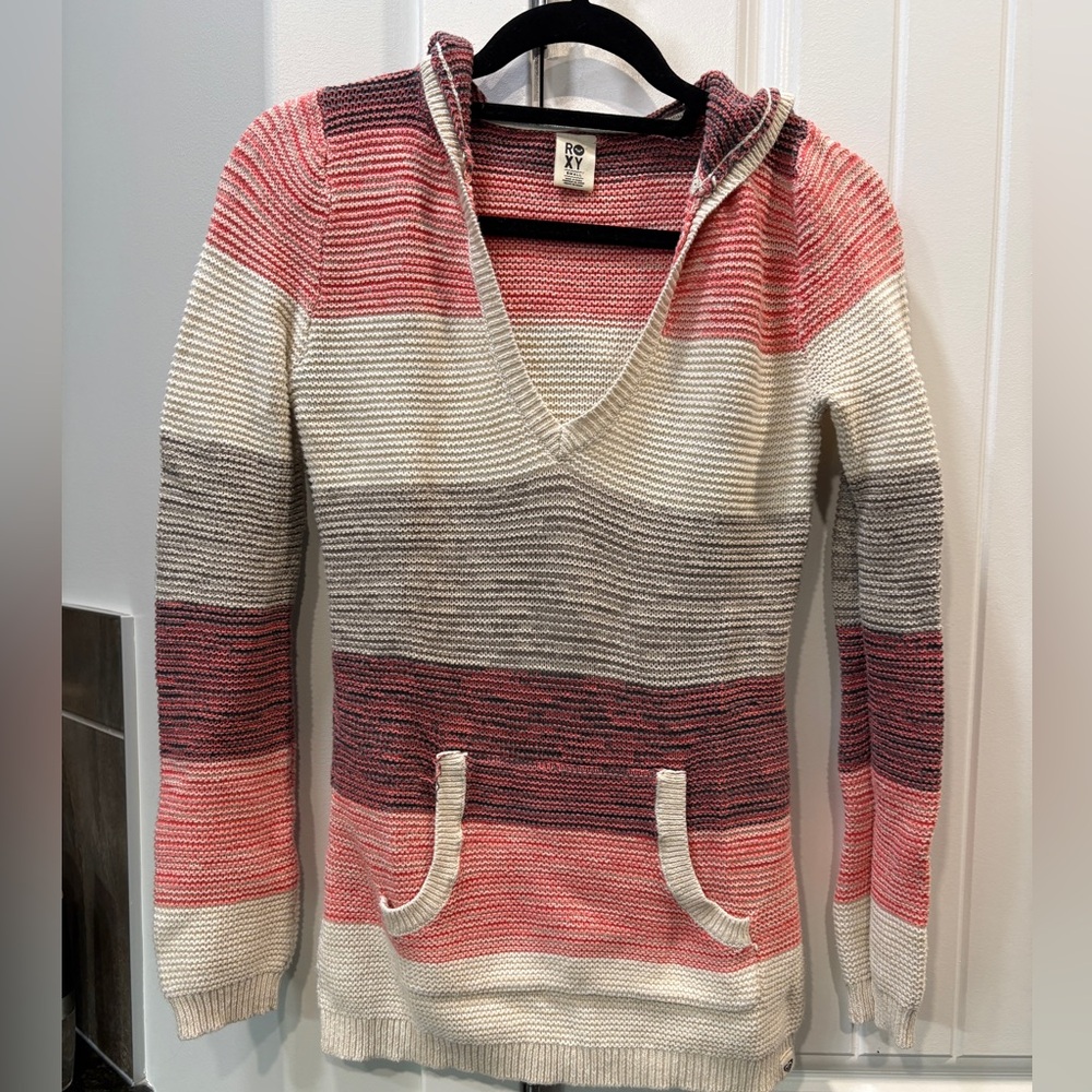 ROXY Striped V-Neck Hooded Sweater